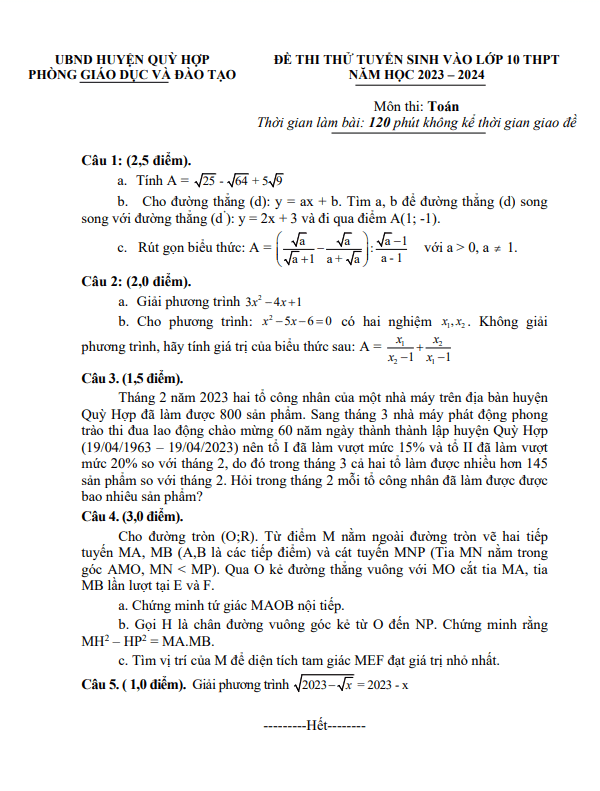 Đề thi thử Toán vào năm 2023 2024 phòng GD ĐT Quỳ Hợp Nghệ An