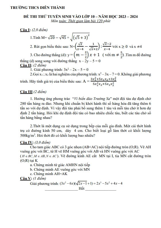 Đề thi thử Toán vào năm 2023 2024 trường THCS Diễn Thành Nghệ An
