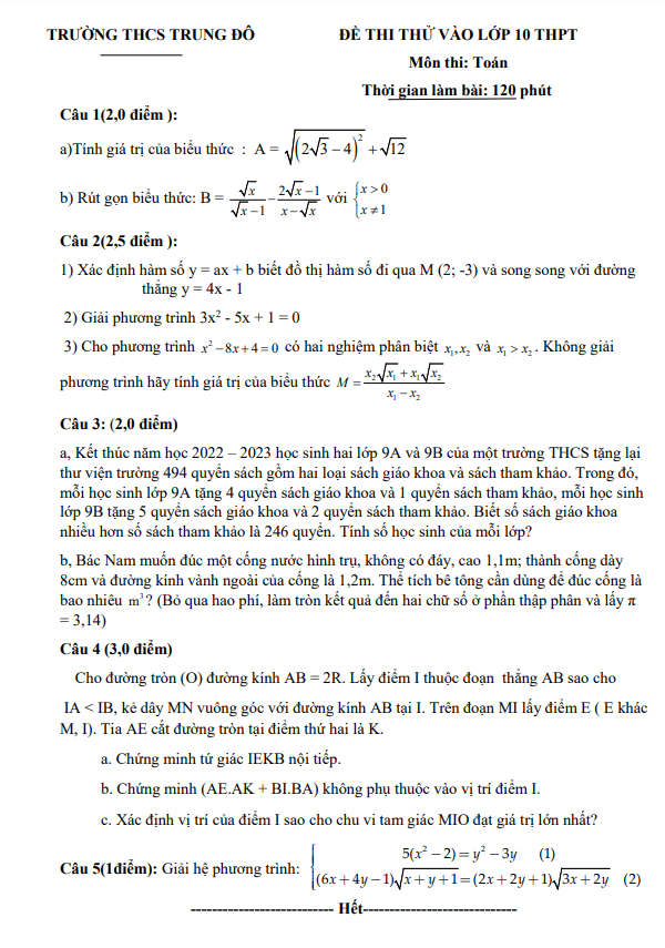 Đề thi thử Toán vào năm 2023 2024 trường THCS Trung Đô Nghệ An
