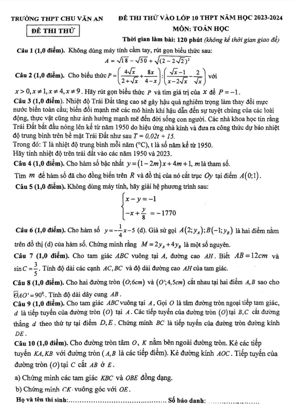 Đề thi thử Toán vào năm 2023 2024 trường THPT Chu Văn An Thái Nguyên