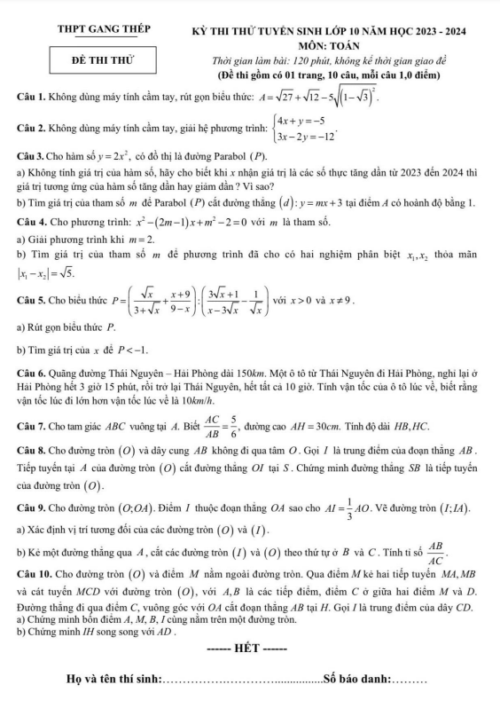 Đề thi thử Toán vào năm 2023 2024 trường THPT Gang Thép Thái Nguyên