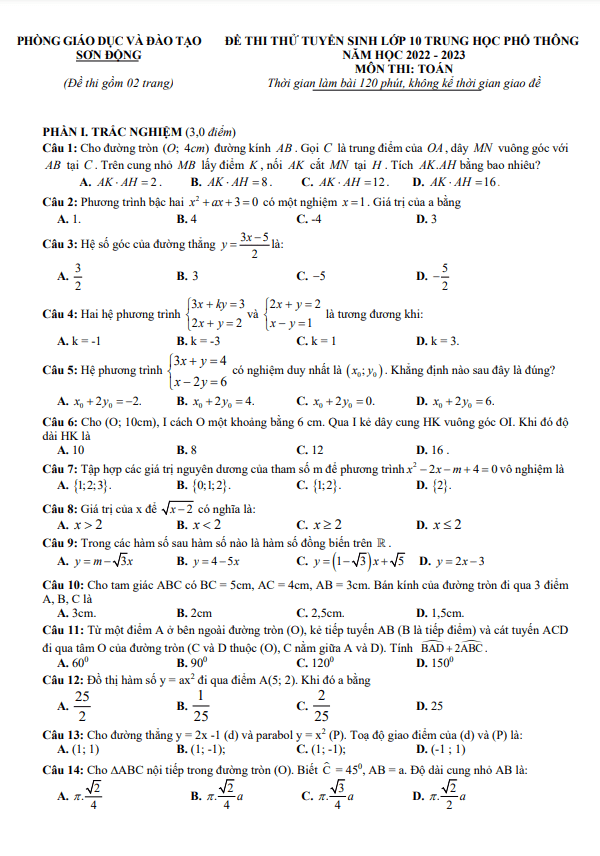 Đề thi thử Toán vào năm 2023 phòng GD ĐT Sơn Động Bắc Giang