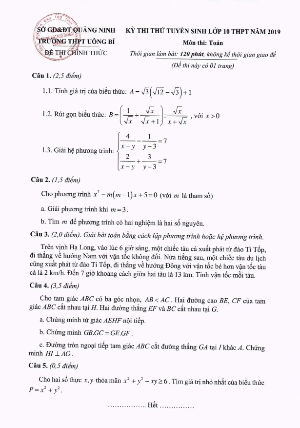 Đề thi thử tuyển sinh môn Toán năm 2019 trường THPT Uông Bí Quảng Ninh