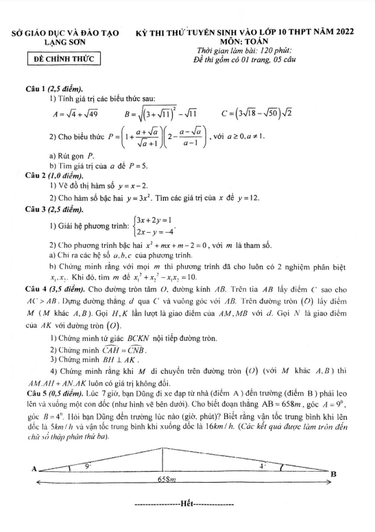 Đề thi thử tuyển sinh vào môn Toán năm 2022 sở GD ĐT Lạng Sơn