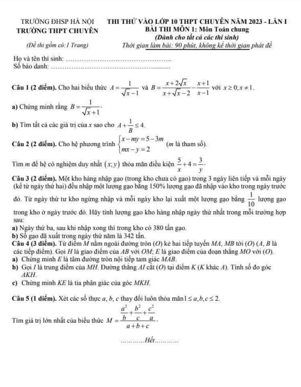 Đề thi thử vào 10 chuyên 2023 lần 1 Toán chung trường THPT chuyên ĐHSP Hà Nội