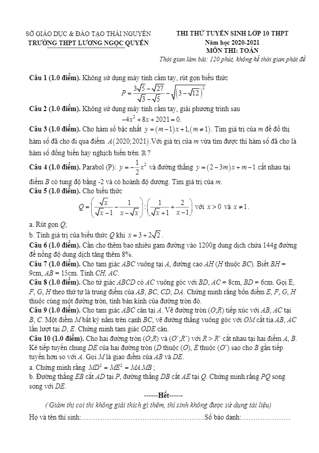 Đề thi thử vào 10 môn Toán năm 2020 2021 trường THPT Lương Ngọc Quyến Thái Nguyên