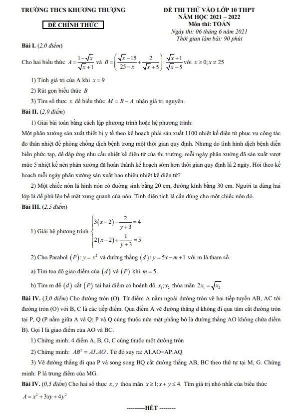 Đề thi thử vào 10 môn Toán năm 2021 2022 trường Khương Thượng Hà Nội