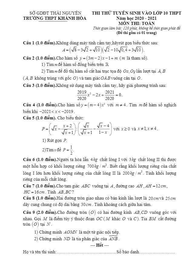 Đề thi thử vào 10 năm 2020 2021 môn Toán trường Khánh Hòa Thái Nguyên