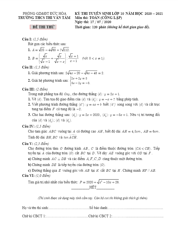 Đề thi thử vào 10 năm 2020 2021 môn Toán trường THCS Thi Văn Tám Long An