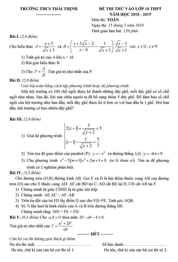 Đề thi thử vào lớp 10 môn Toán trường THCS Thái Thịnh Hà Nội