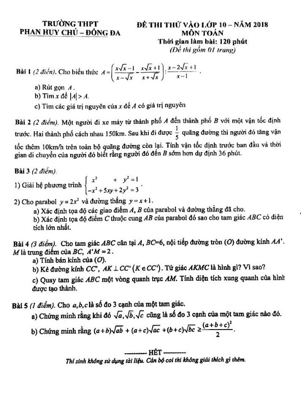 Đề thi thử vào môn Toán năm 2018 trường Phan Huy Chú Hà Nội