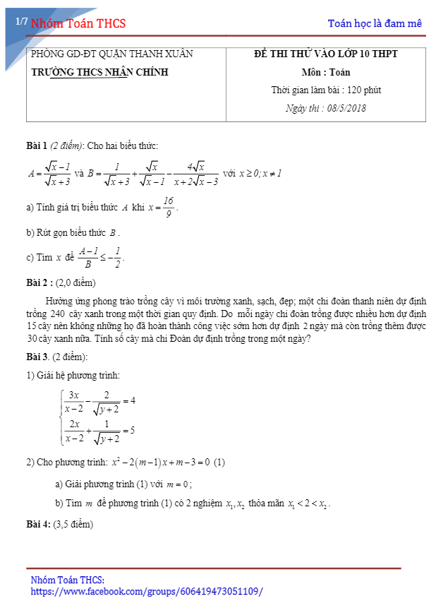 Đề thi thử vào môn Toán năm 2018 trường THCS Nhân Chính Hà Nội