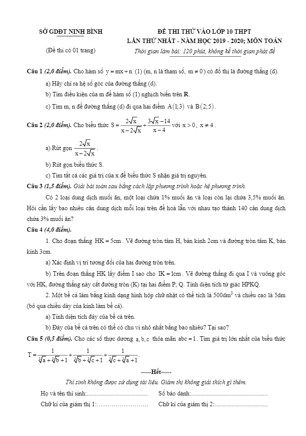 Đề thi thử vào môn Toán năm 2020 2021 lần 1 sở GD ĐT Ninh Bình