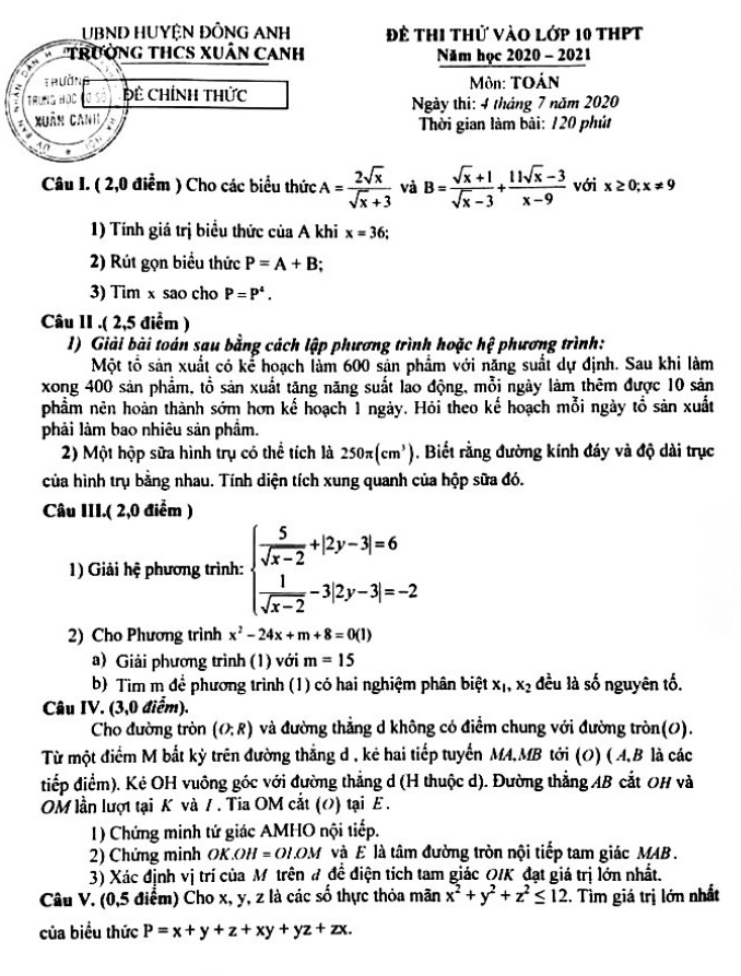Đề thi thử vào môn Toán năm 2020 2021 trường THCS Xuân Canh Hà Nội