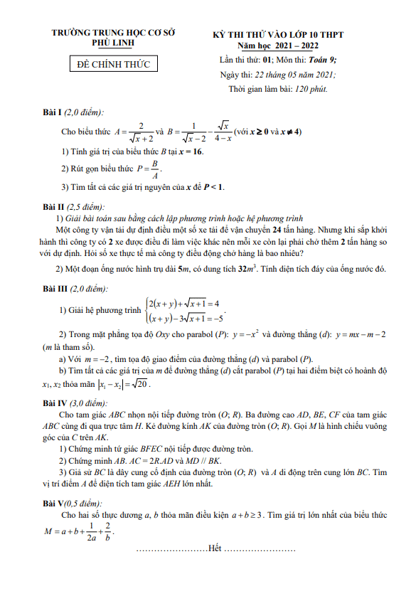 Đề thi thử vào môn Toán năm 2021 2022 trường THCS Phù Linh Hà Nội