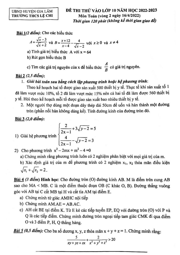 Đề thi thử vào môn Toán năm 2022 2023 trường THCS Lệ Chi Hà Nội