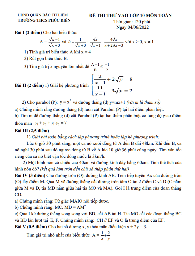 Đề thi thử vào môn Toán năm 2022 trường THCS Phúc Diễn Hà Nội