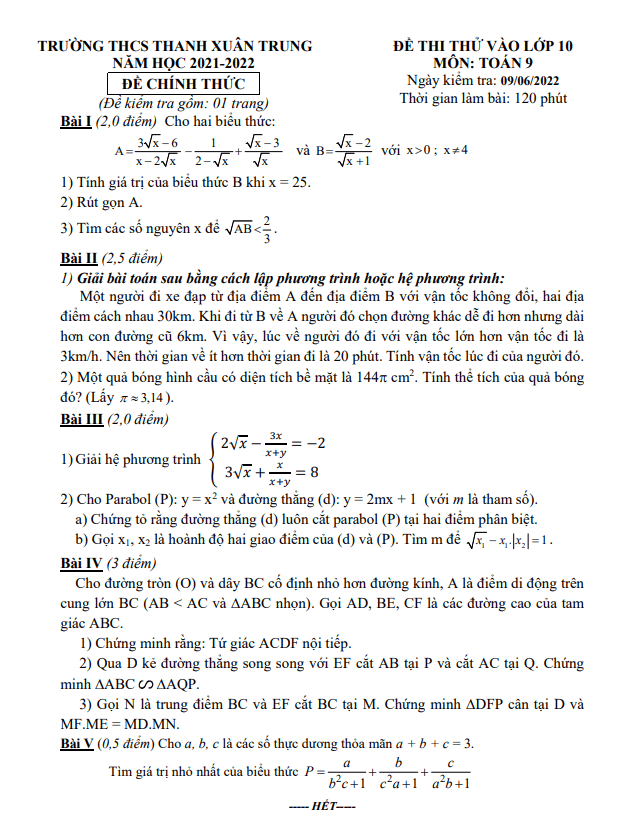 Đề thi thử vào môn Toán năm 2022 trường THCS Thanh Xuân Trung Hà Nội