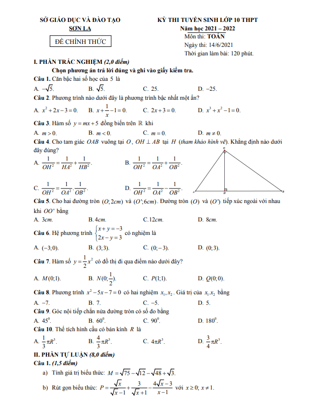 Đề thi tuyển sinh môn Toán năm 2021 2022 sở GD ĐT Sơn La