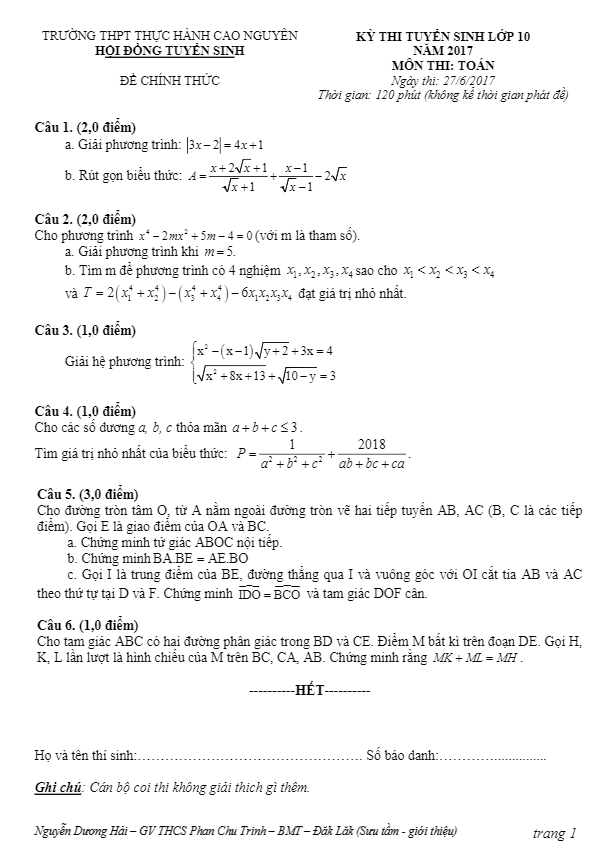 Đề thi tuyển sinh năm học 2017 2018 môn Toán trường TH Cao Nguyên Đắk Lắk