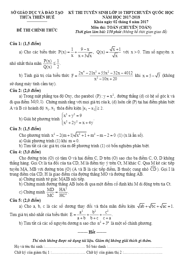 Đề thi tuyển sinh năm học 2017 2018 môn Toán trường THPT chuyên Quốc học TT Huế (chuyên Toán)