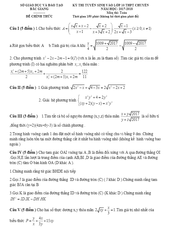 Đề thi tuyển sinh THPT chuyên năm học 2017 2018 môn Toán sở GD và ĐT Bắc Giang