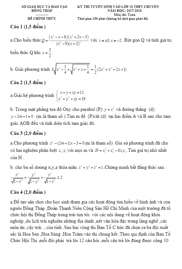 Đề thi tuyển sinh THPT chuyên năm học 2017 2018 môn Toán sở GD và ĐT Đồng Tháp