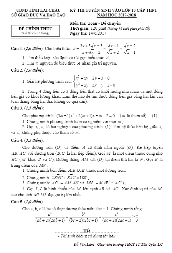 Đề thi tuyển sinh THPT chuyên năm học 2017 2018 môn Toán sở GD và ĐT Lai Châu