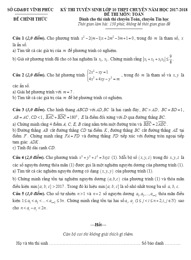 Đề thi tuyển sinh THPT chuyên năm học 2017 2018 môn Toán sở GD và ĐT Vĩnh Phúc