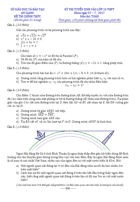 Đề thi tuyển sinh THPT năm học 2017 2018 môn Toán sở GD và ĐT An Giang