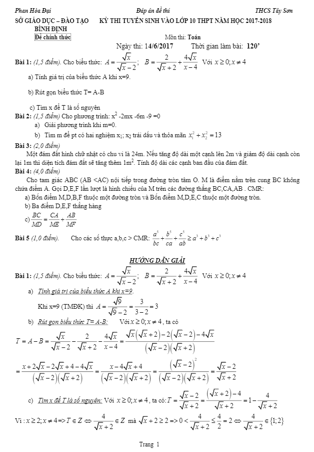 Đề thi tuyển sinh THPT năm học 2017 2018 môn Toán sở GD và ĐT Bình Định