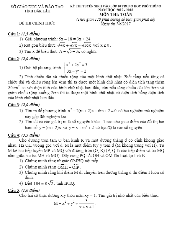 Đề thi tuyển sinh THPT năm học 2017 2018 môn Toán sở GD và ĐT Đăk Lăk