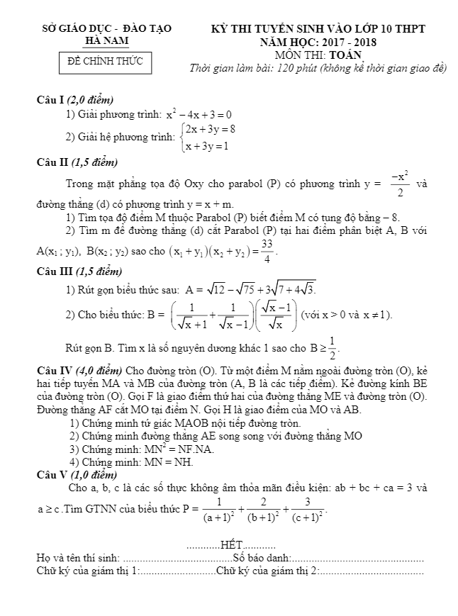 Đề thi tuyển sinh THPT năm học 2017 2018 môn Toán sở GD và ĐT Hà Nam