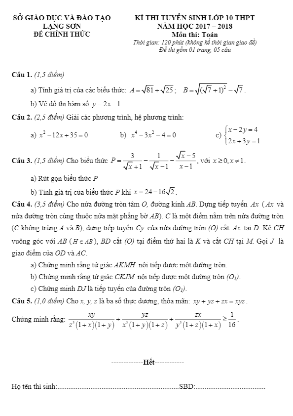 Đề thi tuyển sinh THPT năm học 2017 2018 môn Toán sở GD và ĐT Lạng Sơn
