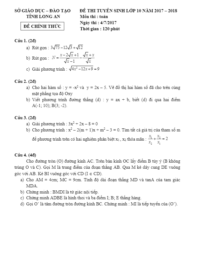 Đề thi tuyển sinh THPT năm học 2017 2018 môn Toán sở GD và ĐT Long An