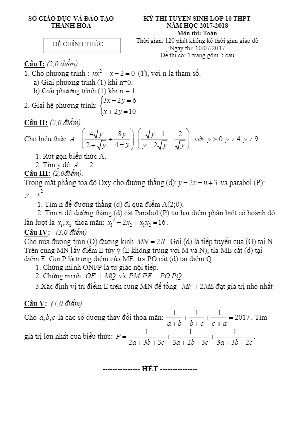 Đề thi tuyển sinh THPT năm học 2017 2018 môn Toán sở GD và ĐT Thanh Hóa