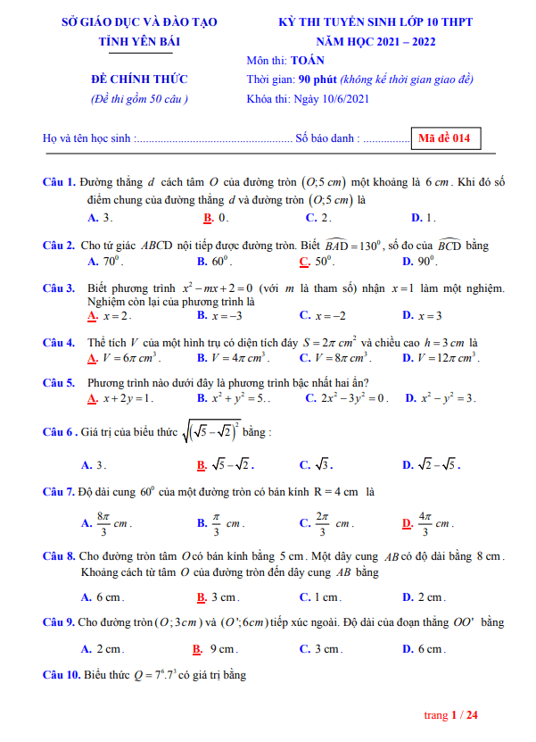 Đề thi tuyển sinh vào môn Toán năm 2021 2022 sở GD ĐT Yên Bái