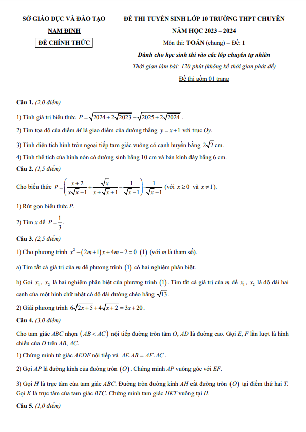 Đề thi vào 10 chuyên môn Toán (chung TN) năm 2023 2024 sở GD ĐT Nam Định