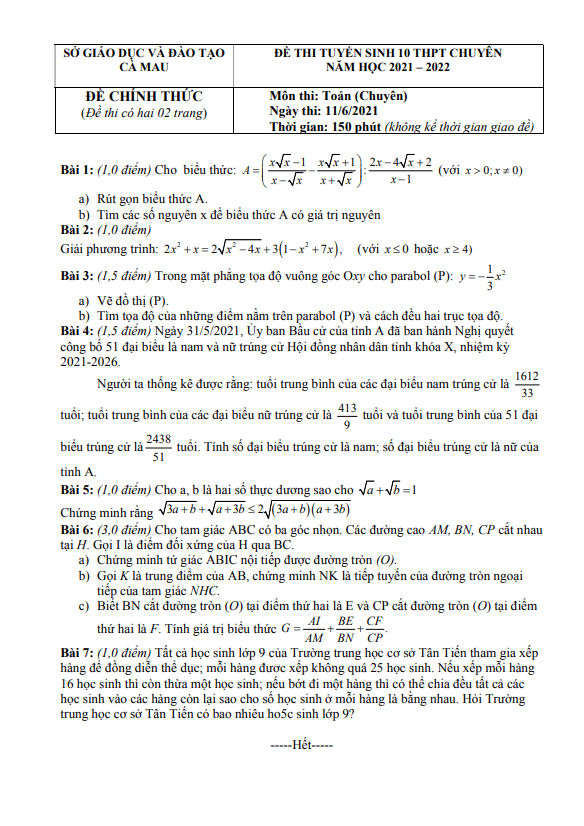 Đề thi vào 10 chuyên môn Toán (chuyên) năm 2021 2022 sở GD ĐT Cà Mau