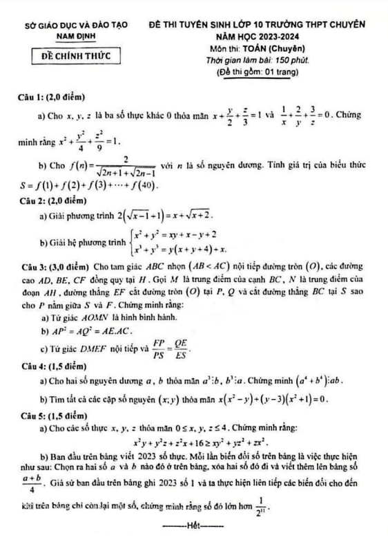 Đề thi vào 10 chuyên môn Toán (chuyên) năm 2023 2024 sở GD ĐT Nam Định