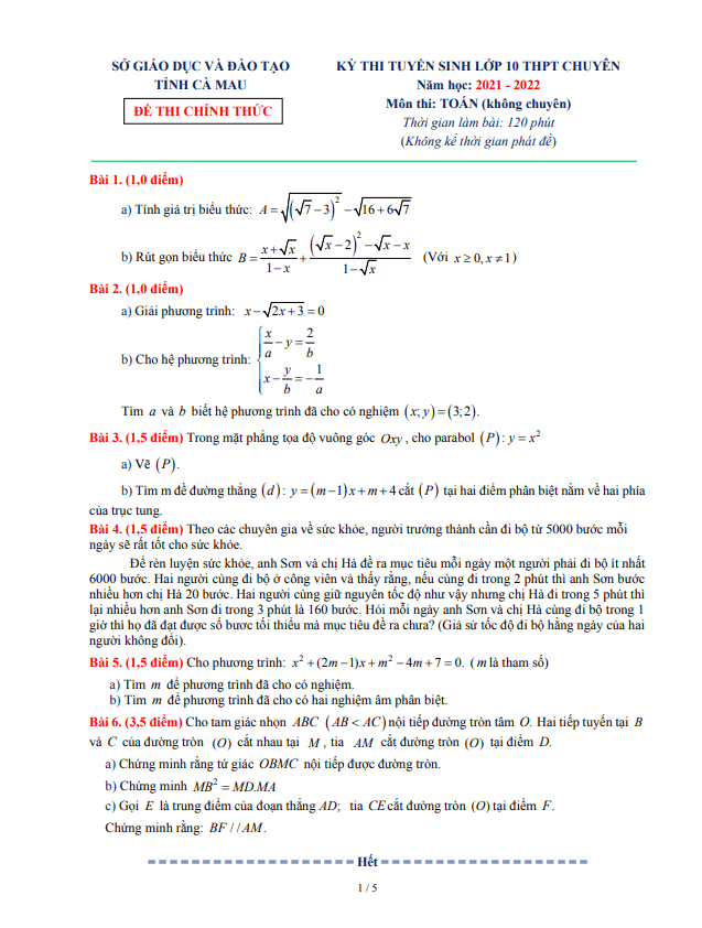 Đề thi vào 10 chuyên môn Toán (không chuyên) năm 2021 2022 sở GD ĐT Cà Mau