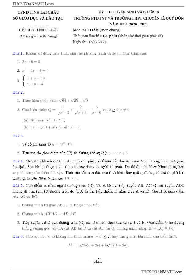 Đề thi vào 10 môn Toán (chung) năm 2020 2021 trường chuyên Lê Quý Đôn Lai Châu