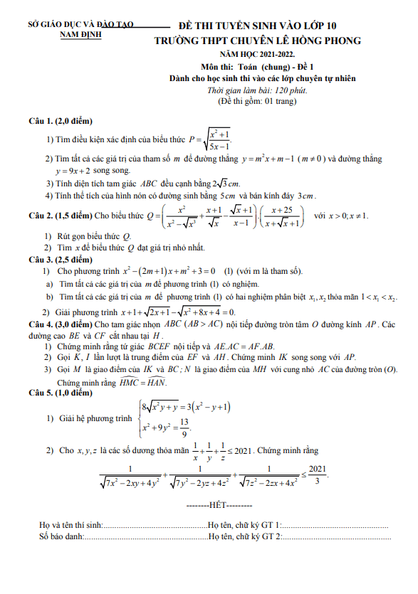 Đề thi vào 10 môn Toán (chung) năm 2021 2022 trường chuyên Lê Hồng Phong Nam Định (Đề 1)