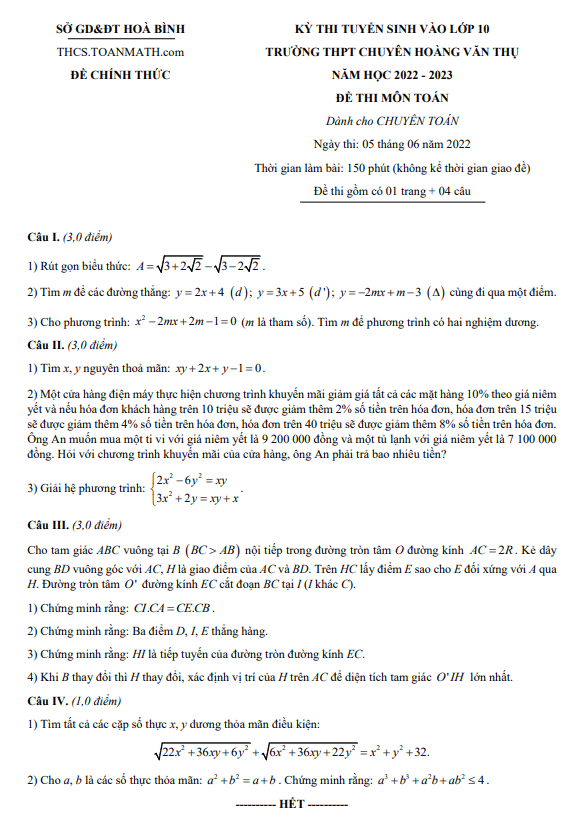 Đề thi vào 10 môn Toán (chuyên) 2022 2023 trường chuyên Hoàng Văn Thụ Hoà Bình