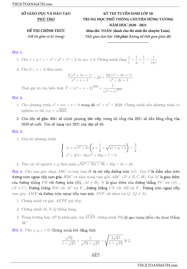 Đề thi vào 10 môn Toán (chuyên) năm 2020 2021 trường chuyên Hùng Vương Phú Thọ
