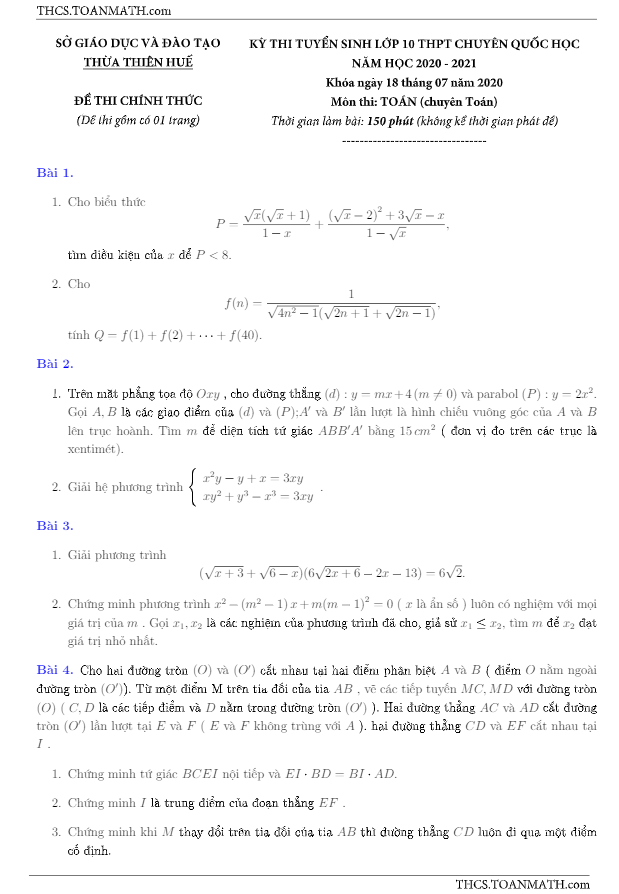Đề thi vào 10 môn Toán (chuyên) năm 2020 2021 trường chuyên Quốc học Huế