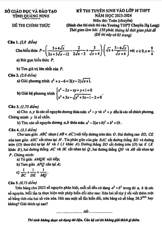 Đề thi vào 10 môn Toán (chuyên) năm 2023 2024 trường chuyên Hạ Long Quảng Ninh