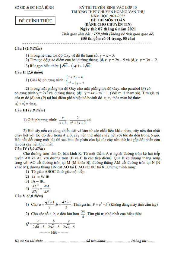 Đề thi vào 10 môn Toán (chuyên Tin) năm 2021 2022 trường chuyên Hoàng Văn Thụ Hòa Bình