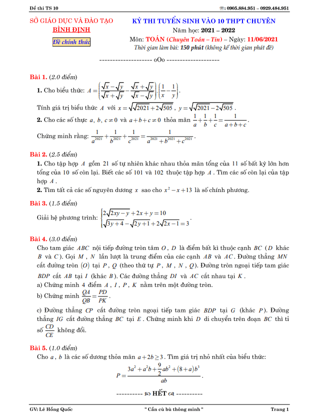 Đề thi vào 10 môn Toán (chuyên Toán Tin) năm 2021 2022 sở GD ĐT Bình Định