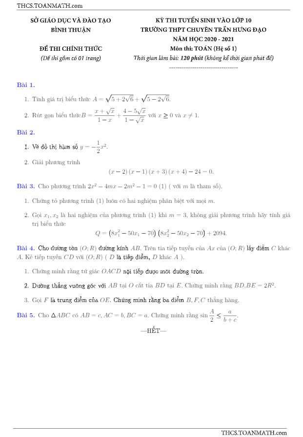 Đề thi vào 10 môn Toán (hệ số 1) năm 2020 2021 trường chuyên Trần Hưng Đạo Bình Thuận
